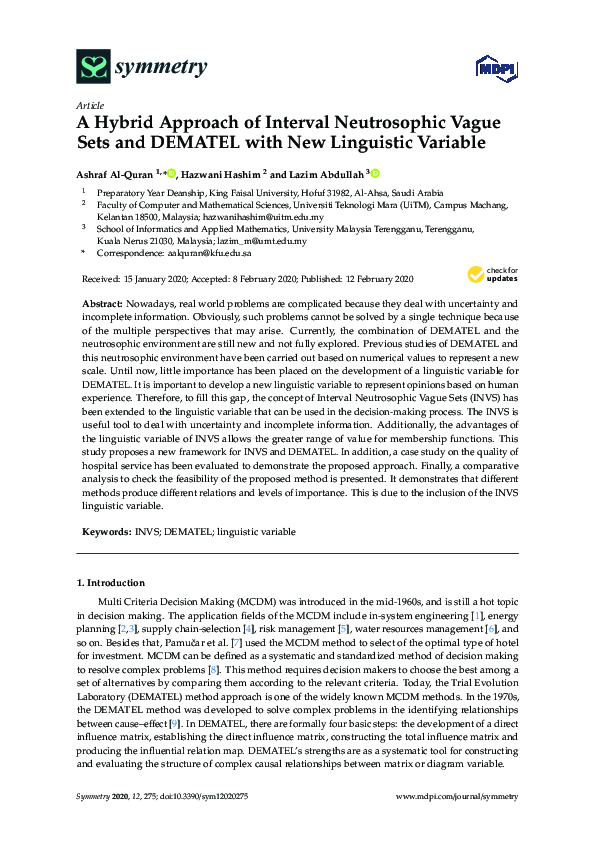(PDF) A Hybrid Approach of Interval Neutrosophic Vague Sets and DEMATEL ...