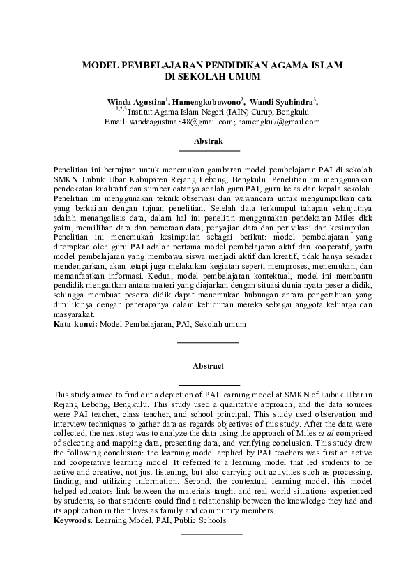 Pdf Model Pembelajaran Pendidikan Agama Islam Di Sekolah Umum