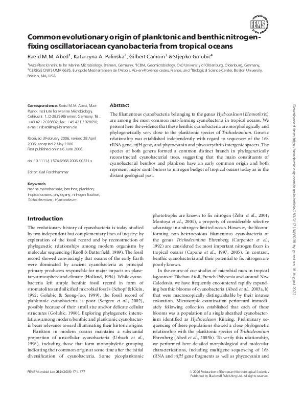 (PDF) Common evolutionary origin of planktonic and benthic nitrogen ...