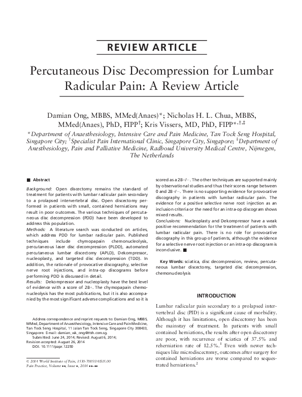 (PDF) Percutaneous Disc Decompression for Lumbar Radicular Pain: A ...