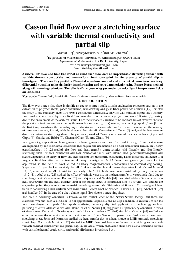 (PDF) Casson fluid flow over a stretching surface with variable thermal ...