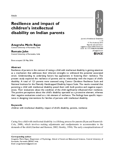 Pdf Resilience And Impact Of Children S Intellectual Disability On