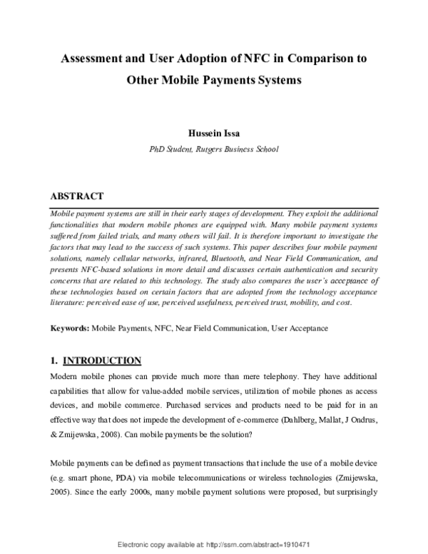 (PDF) Assessment and User Adoption of NFC in Comparison to Other Mobile ...
