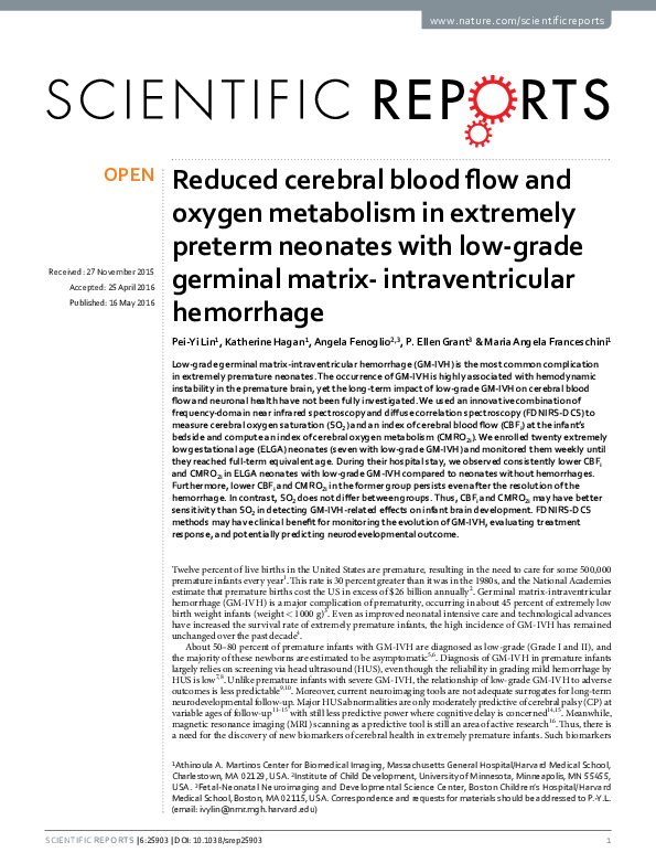 (PDF) Reduced cerebral blood flow and oxygen metabolism in extremely ...