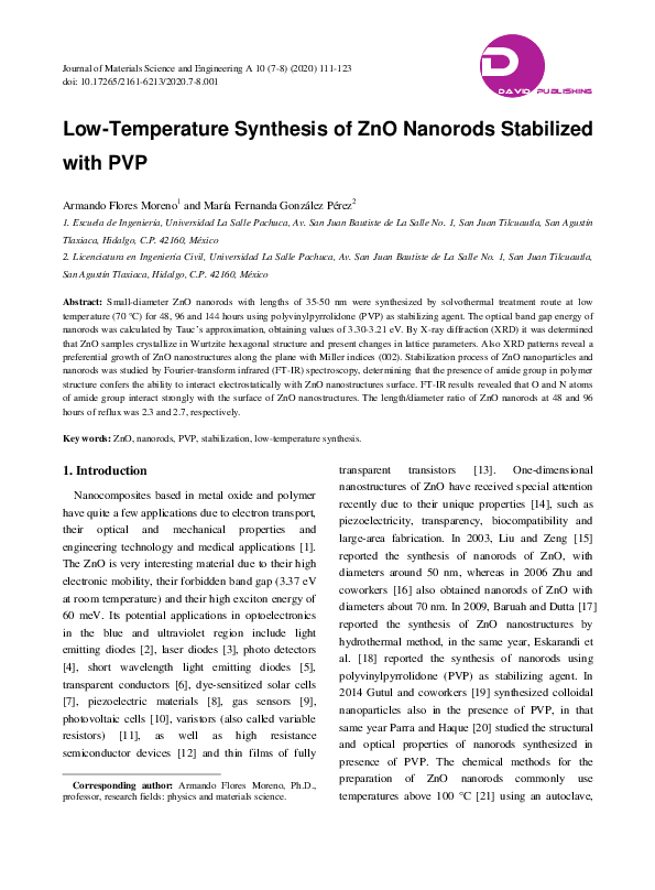 (PDF) Low-Temperature Synthesis of ZnO Nanorods Stabilized with PVP