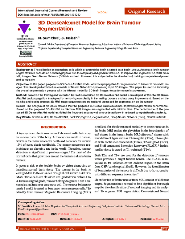 (PDF) 3D Densealexnet Model for Brain Tumour Segmentation