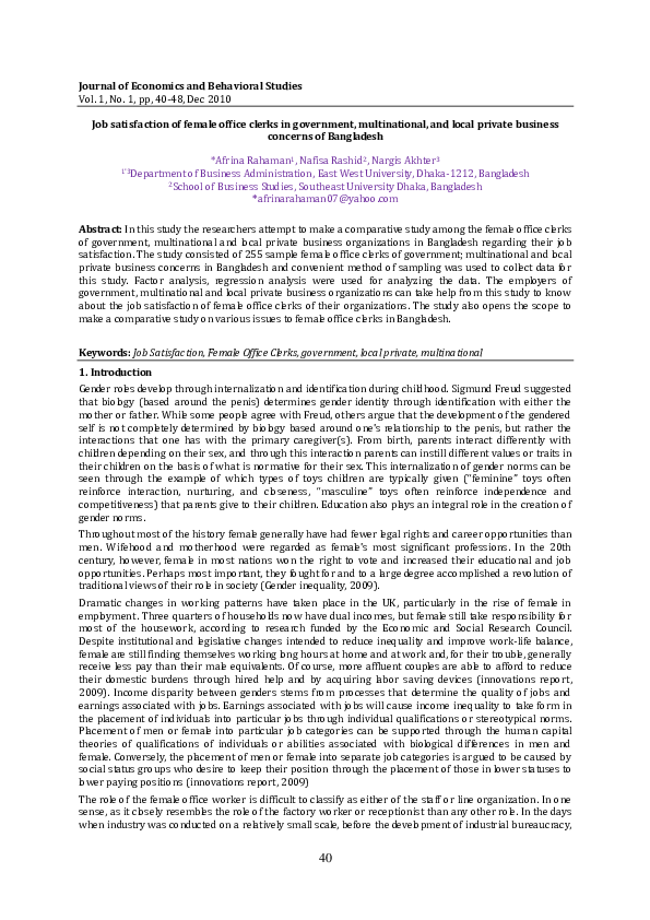 (PDF) Job satisfaction of female office clerks in government