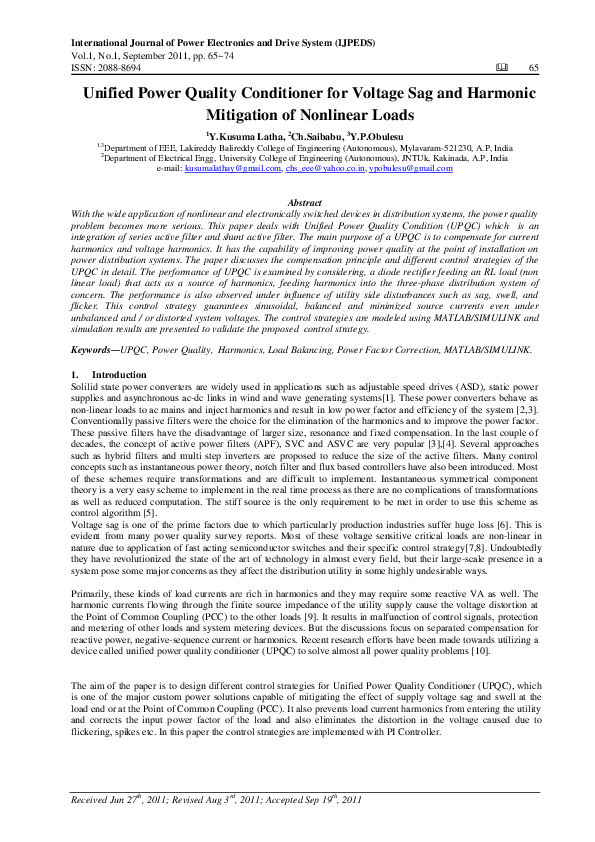 (PDF) Unified Power Quality Conditioner for voltage sag and harmonic ...
