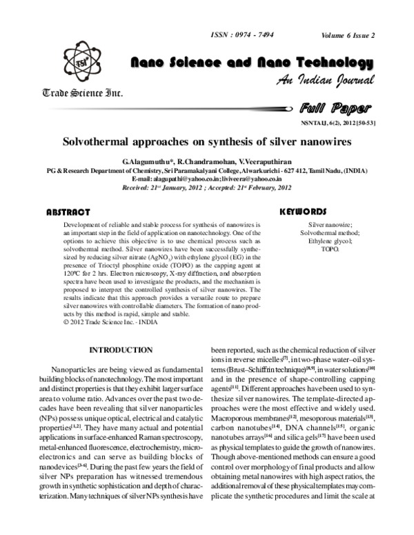 (PDF) Full Paper Solvothermal approaches on synthesis of silver nanowires