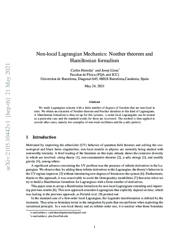 (PDF) Non-local Lagrangian mechanics: Noether’s theorem and Hamiltonian ...
