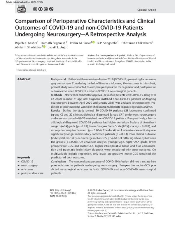 (PDF) Comparison of Perioperative Characteristics and Clinical Outcomes ...