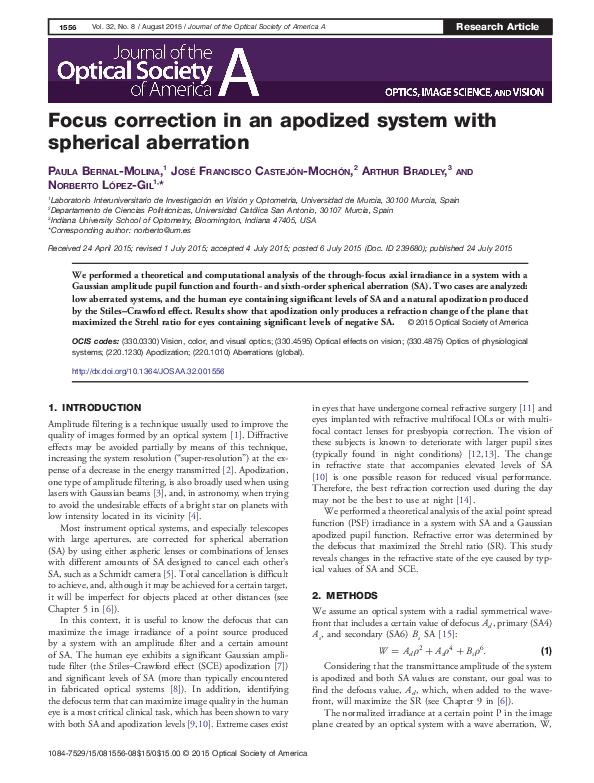 (PDF) Focus correction in an apodized system with spherical aberration