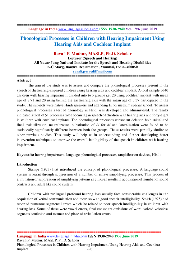 (PDF) Phonological Processes in Children with Hearing Impairment Using ...