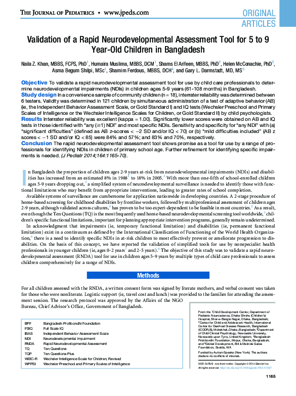 (PDF) Validation of a Rapid Neurodevelopmental Assessment Tool for 5 to ...