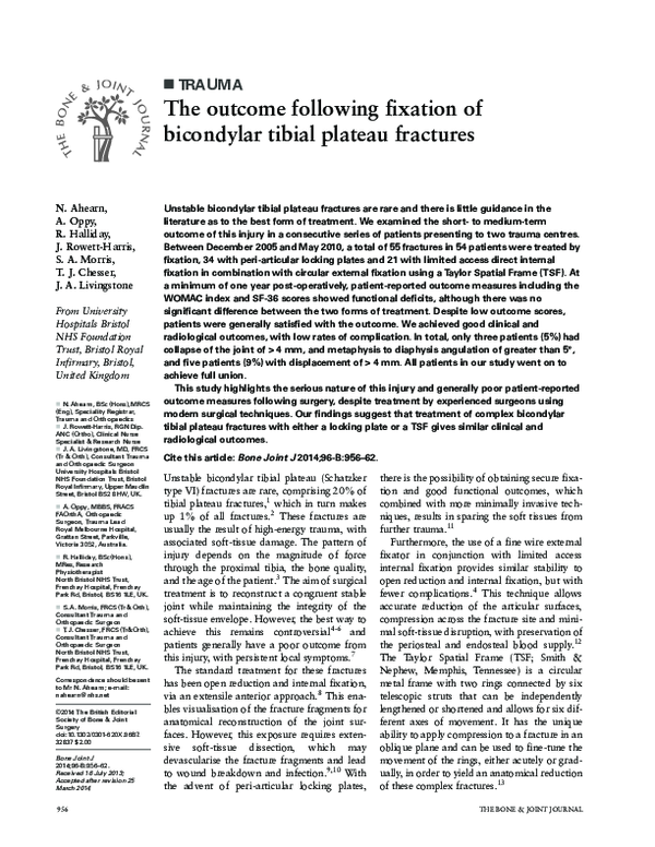 (PDF) The outcome following fixation of bicondylar tibial plateau fractures
