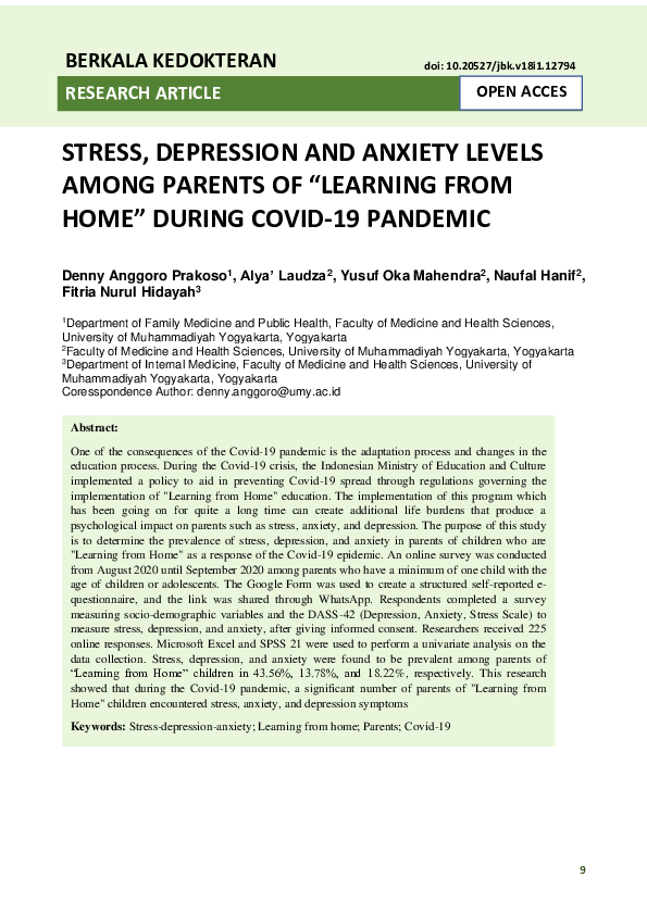 (PDF) Stress, Depression and Anxiety Levels Among Parents of “Learning ...