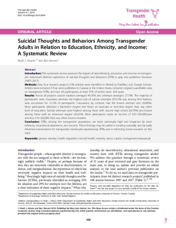 (PDF) Suicidal Thoughts and Behaviors Among Transgender Adults in ...