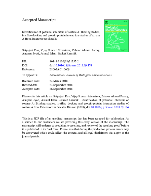 (PDF) Identification of potential inhibitors of sortase A: Binding ...