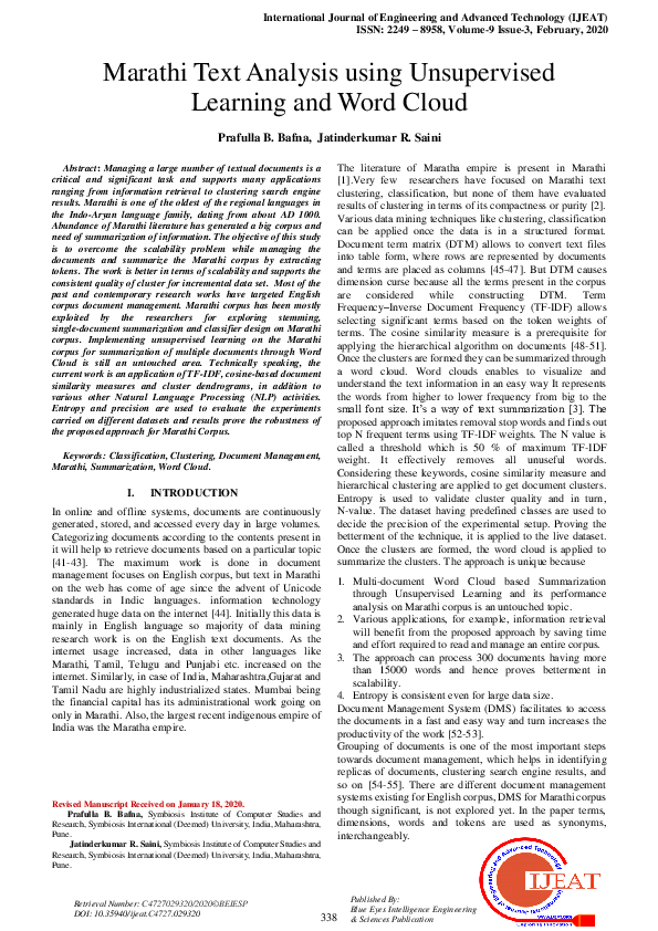 (PDF) Marathi Text Analysis using Unsupervised Learning and Word Cloud
