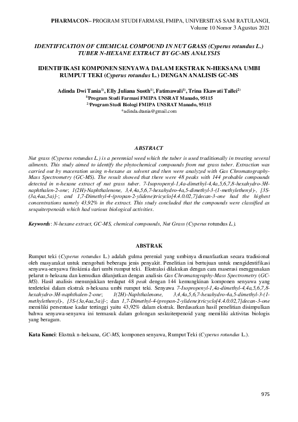 (PDF) IDENTIFIKASI KOMPONEN SENYAWA DALAM EKSTRAK N-HEKSANA UMBI RUMPUT ...
