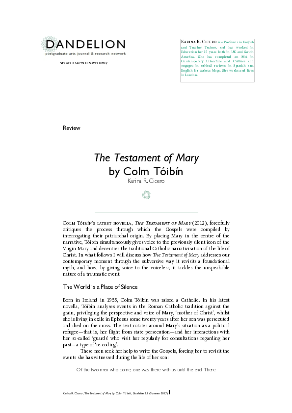 (PDF) The Testament of Mary by Colm Tóibín