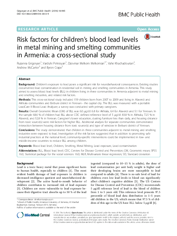 (PDF) Risk factors for children’s blood lead levels in metal mining and ...