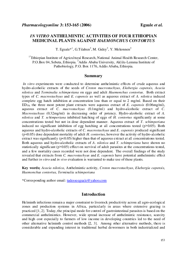 (PDF) In vitro anthelmintic activities of four Ethiopian medicinal ...