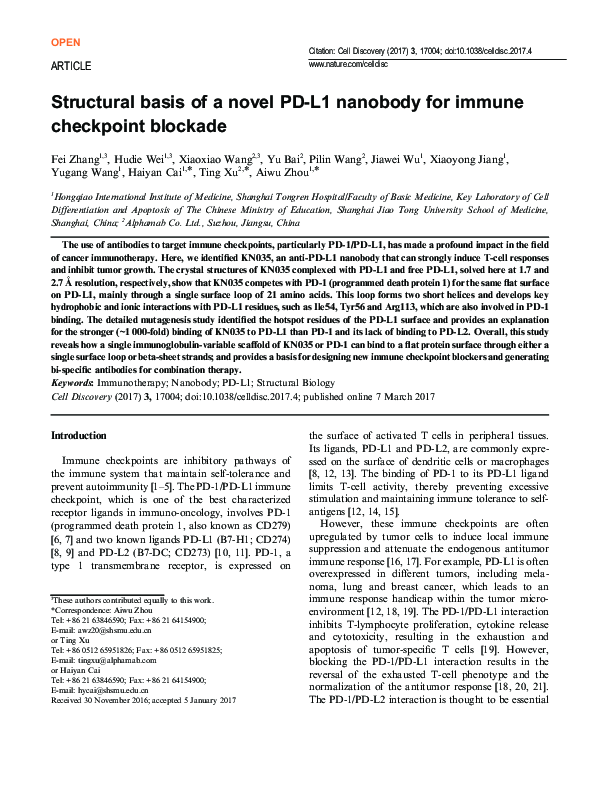 (PDF) Structural basis of a novel PD-L1 nanobody for immune checkpoint ...