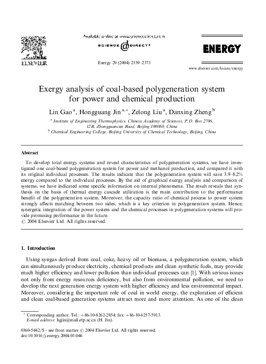 (PDF) Exergy analysis of coal-based polygeneration system for power and ...