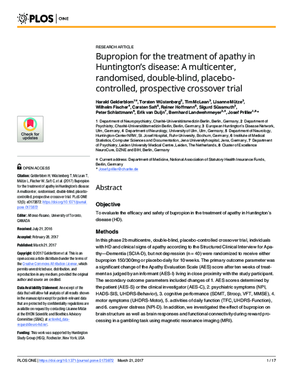 (PDF) Bupropion for the treatment of apathy in Huntington's disease: A ...
