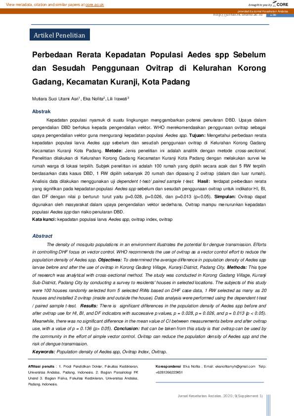 (PDF) Perbedaan Rerata Kepadatan Populasi Aedes spp Sebelum dan Sesudah