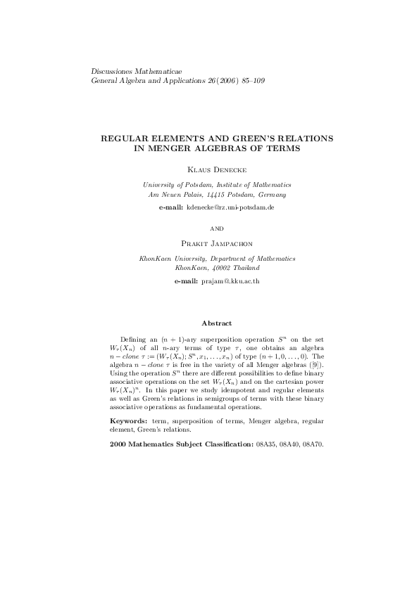 (PDF) Regular elements and Green's relations in Menger algebras of terms