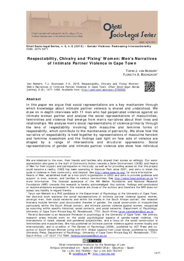 (PDF) Respectability, Chivalry and 'Fixing' Women: Men's Narratives of ...