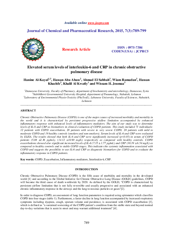 (PDF) Elevated serum levels of interleukin-6 and CRP in chronic ...