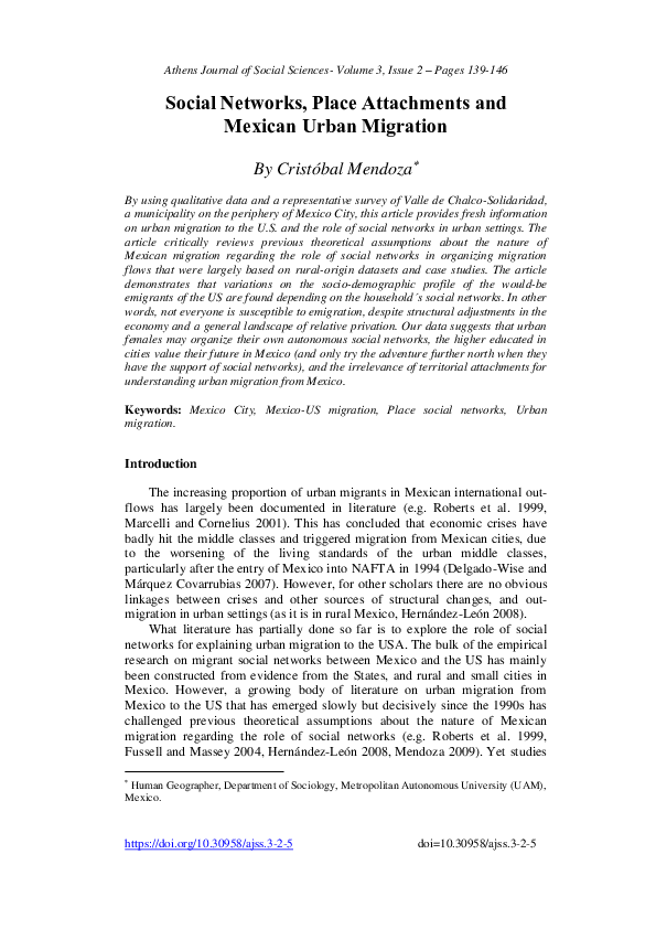 (PDF) Social Networks, Place Attachments and Mexican Urban Migration