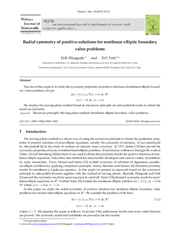 (PDF) Radial symmetry of positive solutions for nonlinear elliptic ...