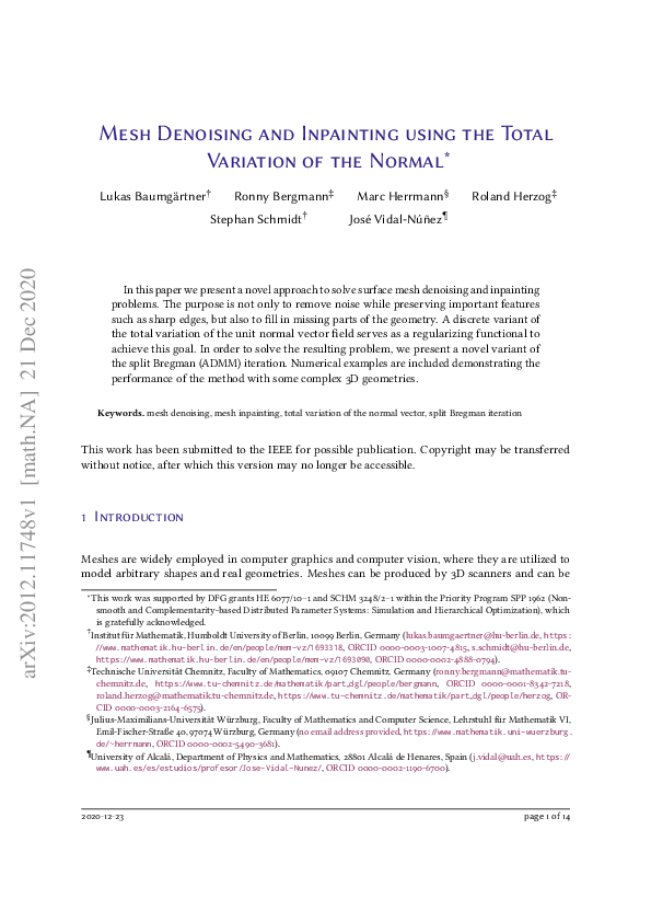 (PDF) Mesh Denoising and Inpainting using the Total Variation of the Normal
