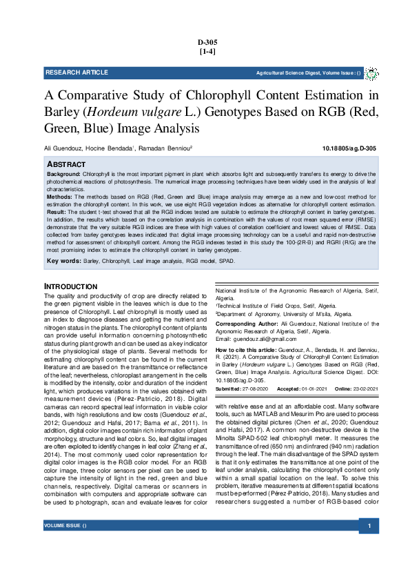 (PDF) A Comparative Study of Chlorophyll Content Estimation in Barley ...