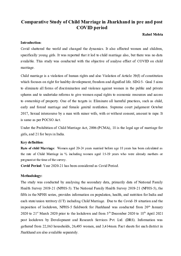 (DOC) Comparative Study of Child Marriage in Jharkhand in pre and post ...