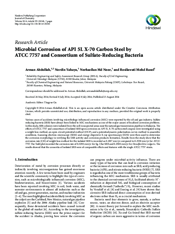 (PDF) Microbial Corrosion of API 5L X-70 Carbon Steel by ATCC 7757 and ...