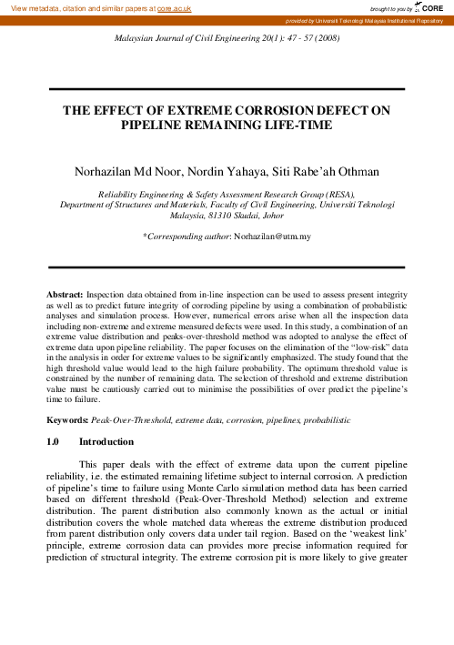 (PDF) The Effect of Extreme Corrosion Defect on Pipeline Remaining Life ...