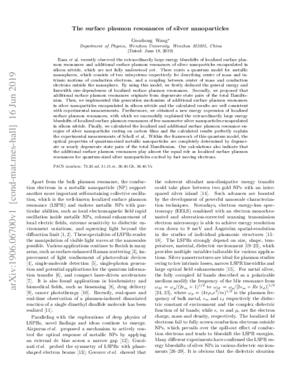 (PDF) The surface plasmon resonances of silver nanoparticles