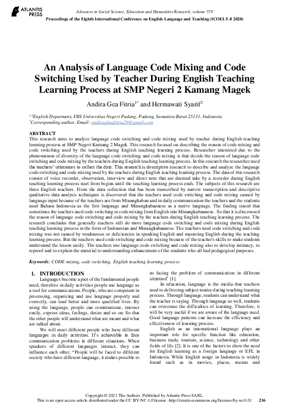 (PDF) An Analysis of Language Code Mixing and Code Switching Used by ...