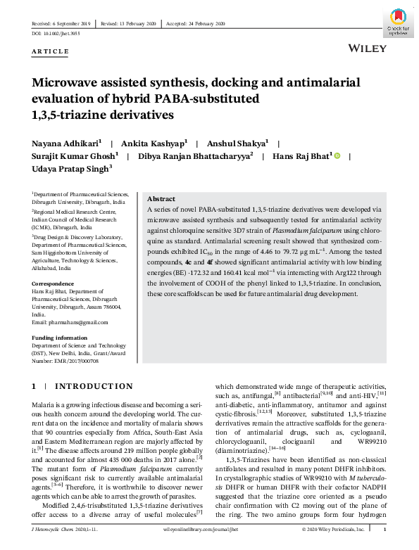 (PDF) Microwave assisted synthesis, docking and antimalarial evaluation ...