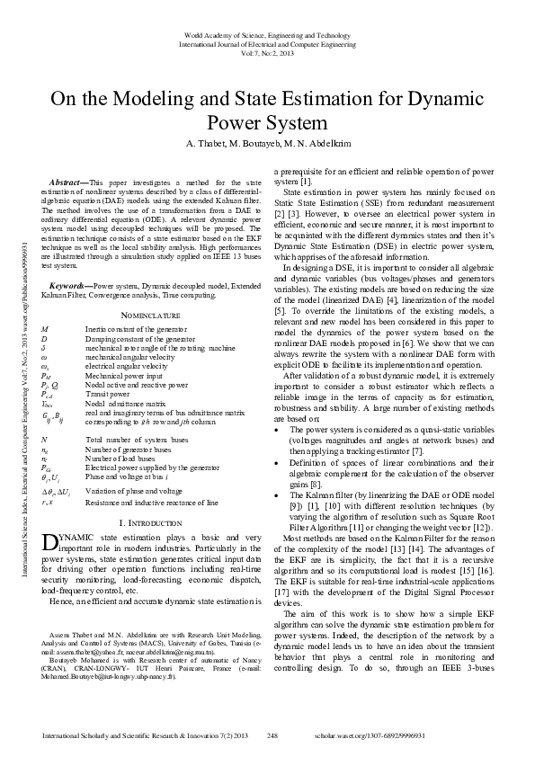 (PDF) On The Modeling And State Estimation For Dynamic Power System