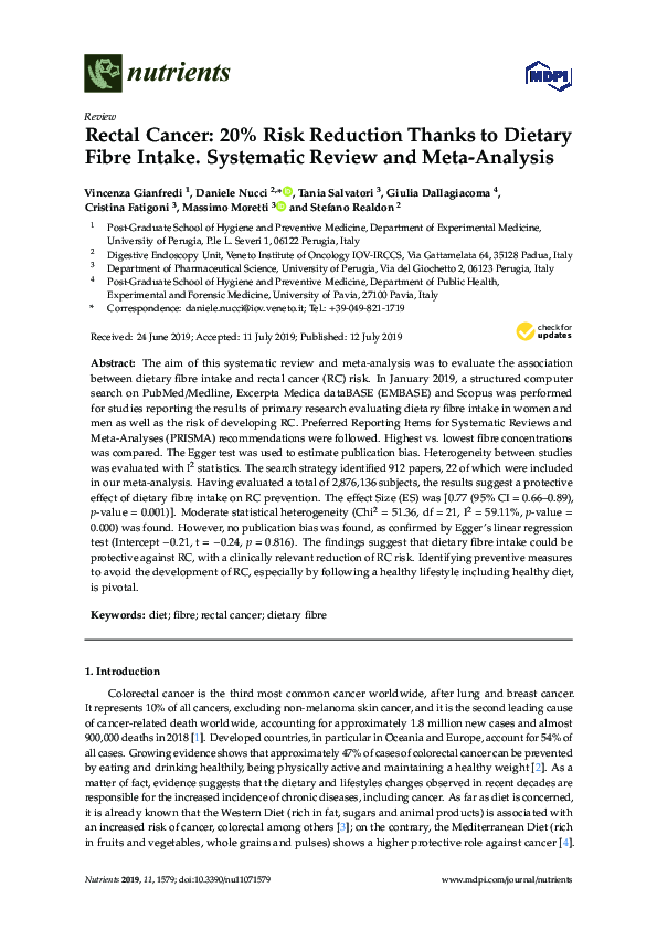 (PDF) Rectal Cancer 20 Risk Reduction Thanks to Dietary Fibre Intake