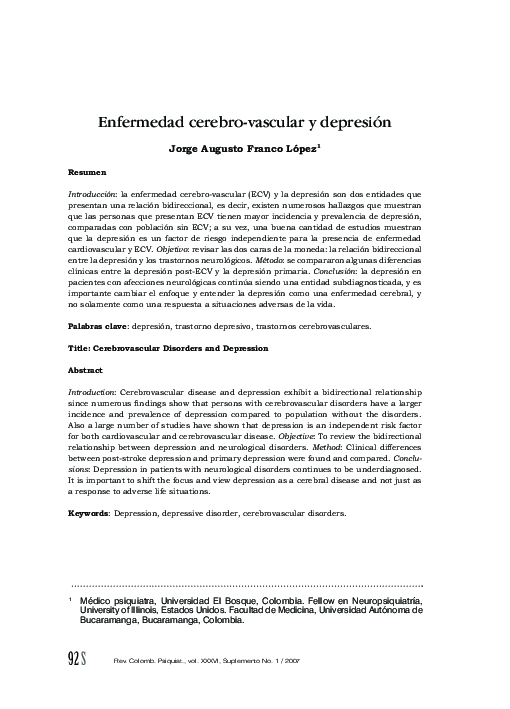 (PDF) Enfermedad cerebro-vascular y depresión