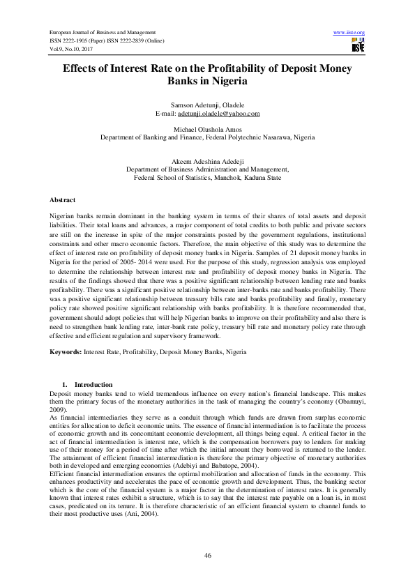 (PDF) Effects of Interest Rate on the Profitability of Deposit Money ...