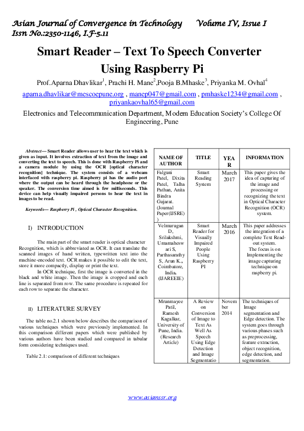 (PDF) Smart Reader – Text To Speech Converter Using Raspberry Pi