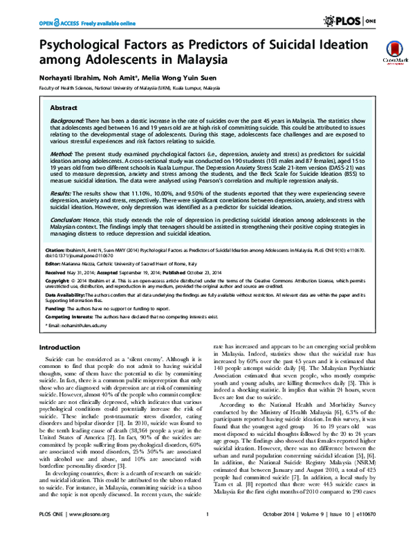(PDF) Psychological factors as predictors of suicidal ideation among ...